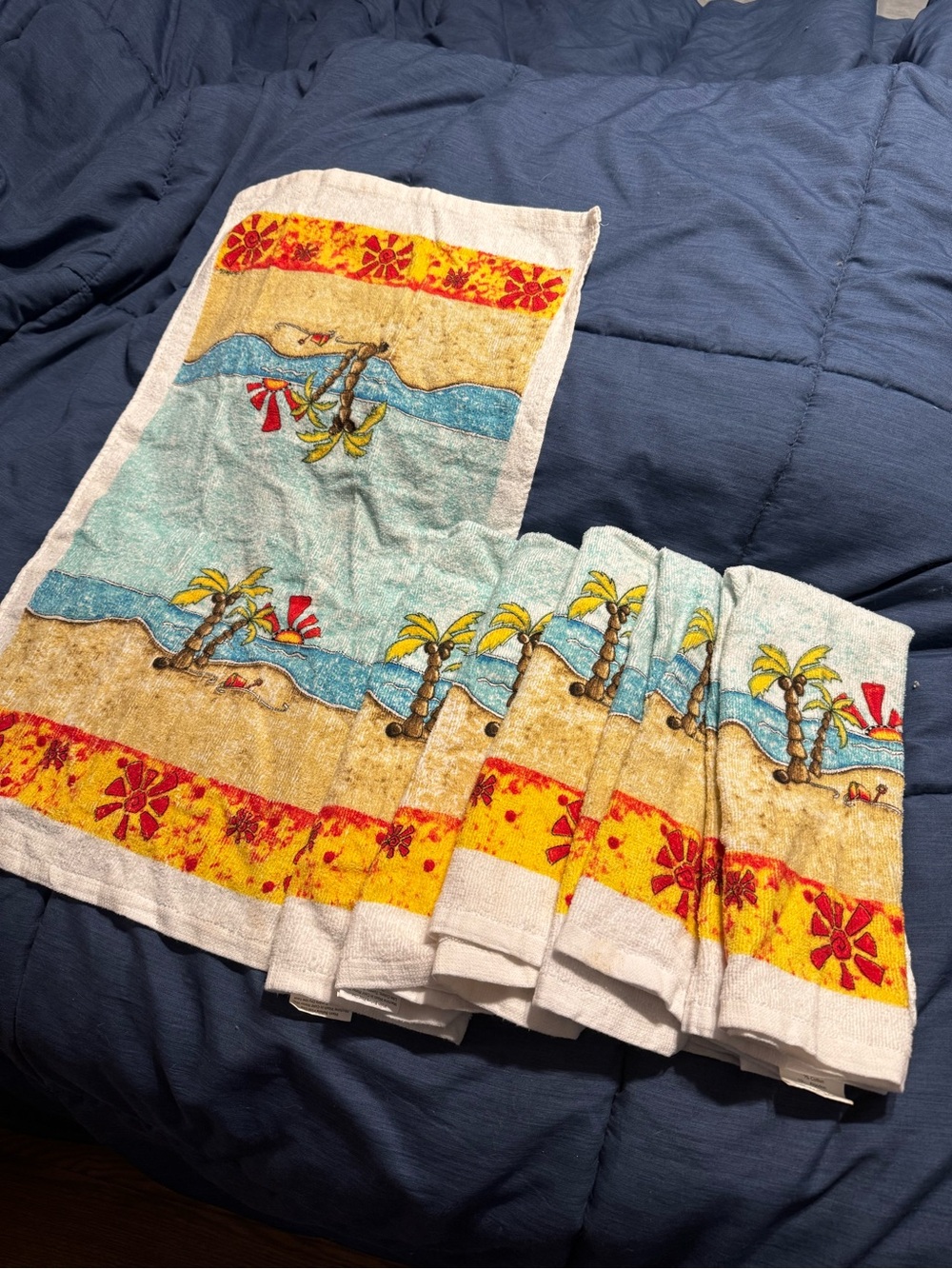 Beach Palm Print Cotton Hand Towel Set - Yellow & Blue